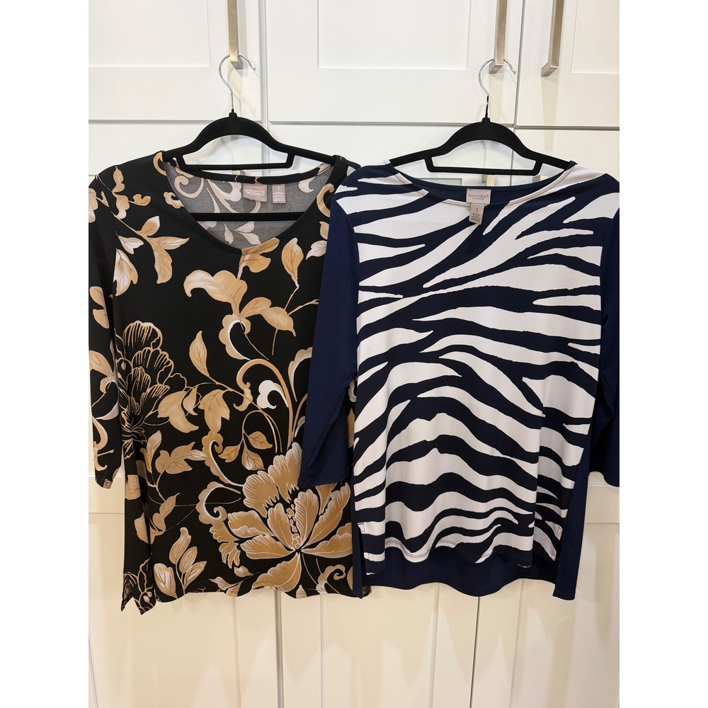Chico's Bundle 2 Tops Size 1 M Floral Black Tan Zebra Navy White 3/4 Sleeve